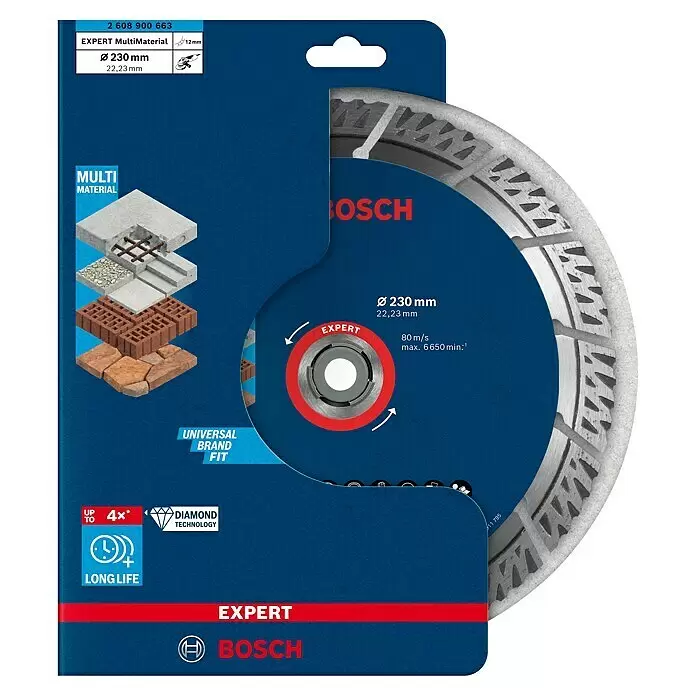 Bosch Professional Expert Diamant-Trennscheibe for MultiMaterial - Durchmesser Scheibe: 230 mm - Bosch EXPERT MultiMaterial 230mm Diamanttrennscheibe in blauer Verpackung, für langlebiges Schneiden verschiedenster Materialien.