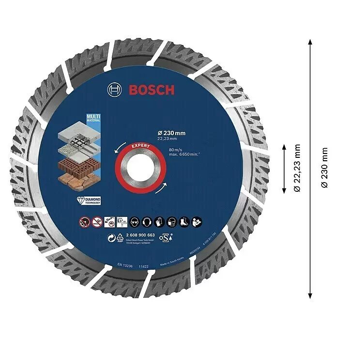 Bosch Professional Expert Diamant-Trennscheibe for MultiMaterial - Durchmesser Scheibe: 230 mm - Bosch Expert Diamanttrennscheibe, blau mit silbernen Multi-Material-Segmenten. Ø 230mm, Bohrung 22,23mm.