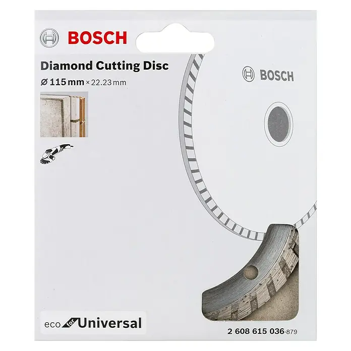 Bosch Diamant-Trennscheibe Eco for Universal Turbo - Durchmesser Scheibe: 115 mm, Höhe Segment: 7 mm, 1 Stk. - Bild einer Bosch Diamanttrennscheibe, geeignet zum Schneiden von harten Materialien. Ideal für präzise Schnitte in Stein und Fliesen.
