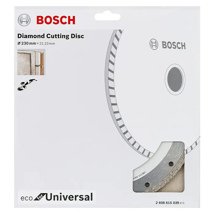 Bosch Diamant-Trennscheibe Eco for Universal Turbo - Durchmesser Scheibe: 230 mm, Höhe Segment: 7 mm, 1 Stk. - Verpackung einer Bosch Diamanttrennscheibe Eco, Durchmesser 230 mm, geeignet für universelle Anwendungen.