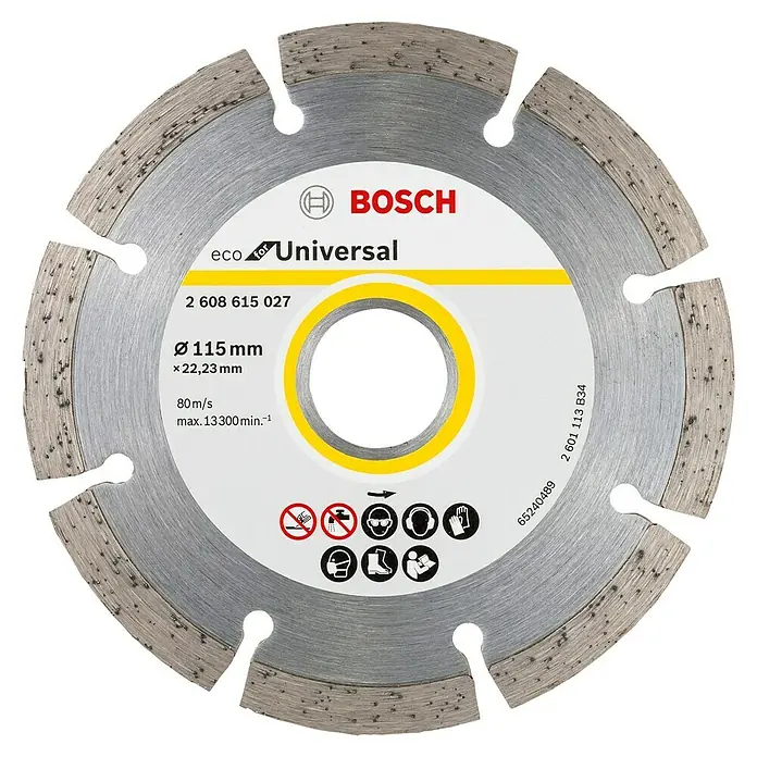Bosch Diamant-Trennscheibe Eco for Universal - Durchmesser Scheibe: 115 mm - Nahaufnahme einer Bosch Eco Universal Trennscheibe mit gut sichtbaren Produktdetails und Sicherheitsinformationen.