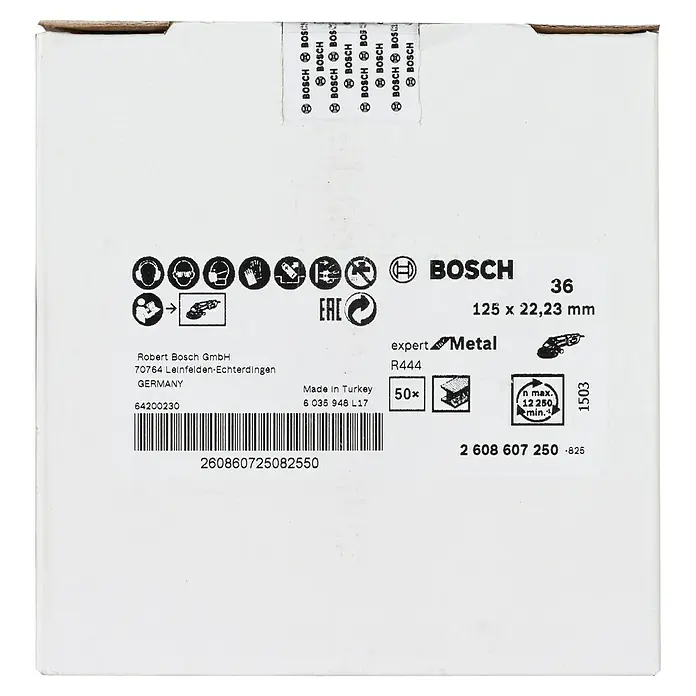 Bosch Fiberscheiben R444 Expert for Metal - Durchmesser Scheibe: 125 mm, Körnung: 36, 1 Stk. - Bild einer Bosch Expert Metal Trennscheibe, 125 x 22,23 mm, für Metallarbeiten.