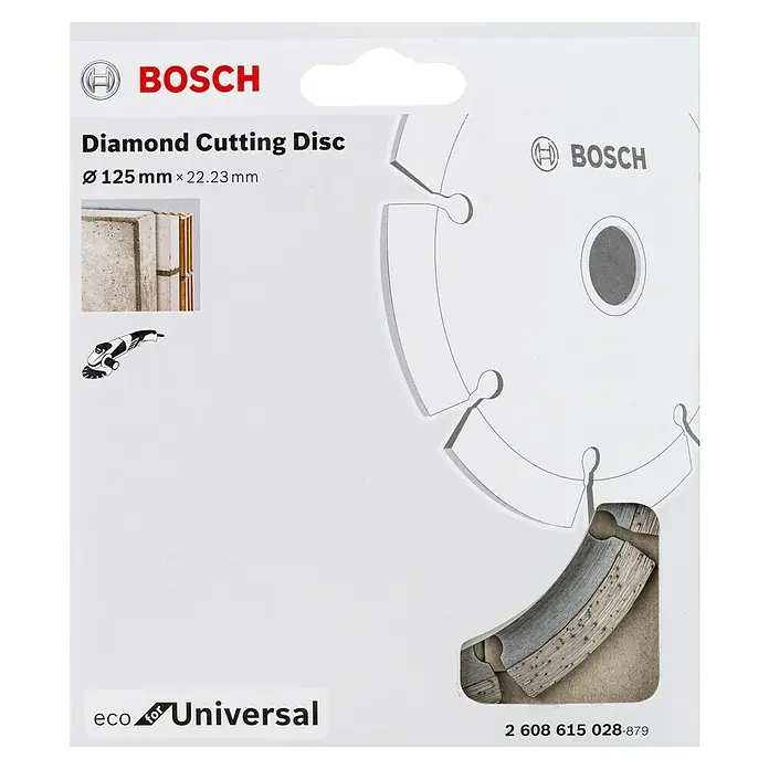 Bosch Diamant-Trennscheibe Eco for Universal - Durchmesser Scheibe: 125 mm - Abbildung einer "Bosch Diamanttrennscheibe Eco for Universal, 125mm" Verpackung. Ideal zum Schneiden von harten Materialien wie Stein und Beton.