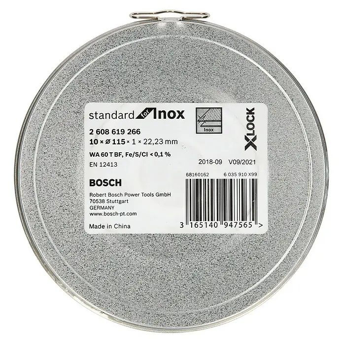 Bosch Professional X-Lock Disco de corte Standard for Inox - Ø x Es: 115 x 1 mm, Orificio: 22,23 mm, 10 ud. - Imagen de un disco de rectificar Bosch Standard Inox, adecuado para acero inoxidable, con sistema X-LOCK y detalles del producto en el embalaje.
