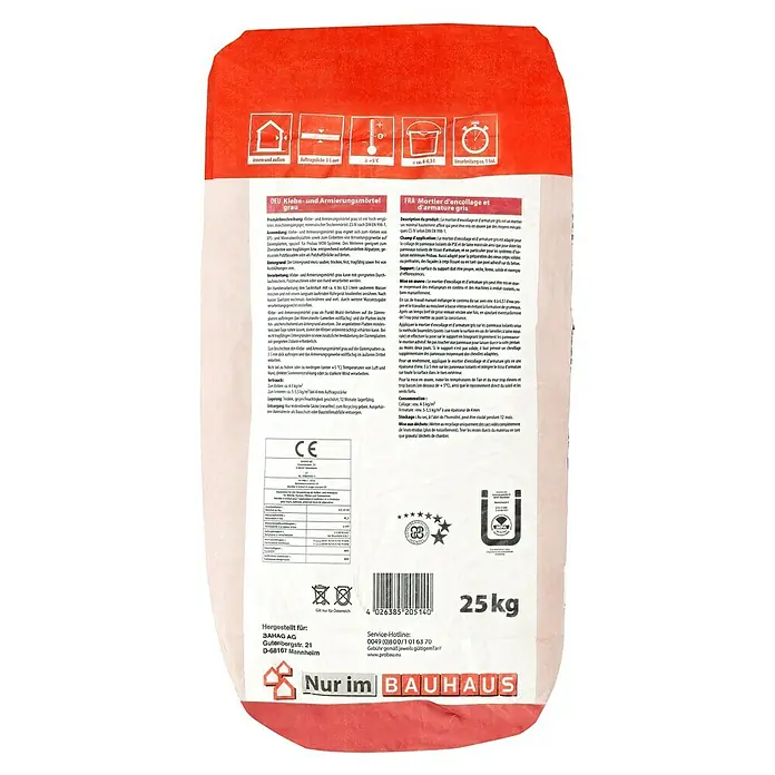 Probau WDVS-Armierungsmörtel - Grau, 25 kg - Bild einer 25kg-Packung grauen Klebe- und Armierungsmörtels von BAUHAUS, geeignet für innen und außen, mit Verarbeitungshinweisen.