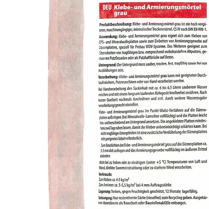 Probau WDVS-Armierungsmörtel - Grau, 25 kg - Abbildung eines Etiketts für DEU Klebe- und Armierungsmörtel grau, ein mineralischer Trockenmörtel für Klebe- und Armierungsarbeiten.