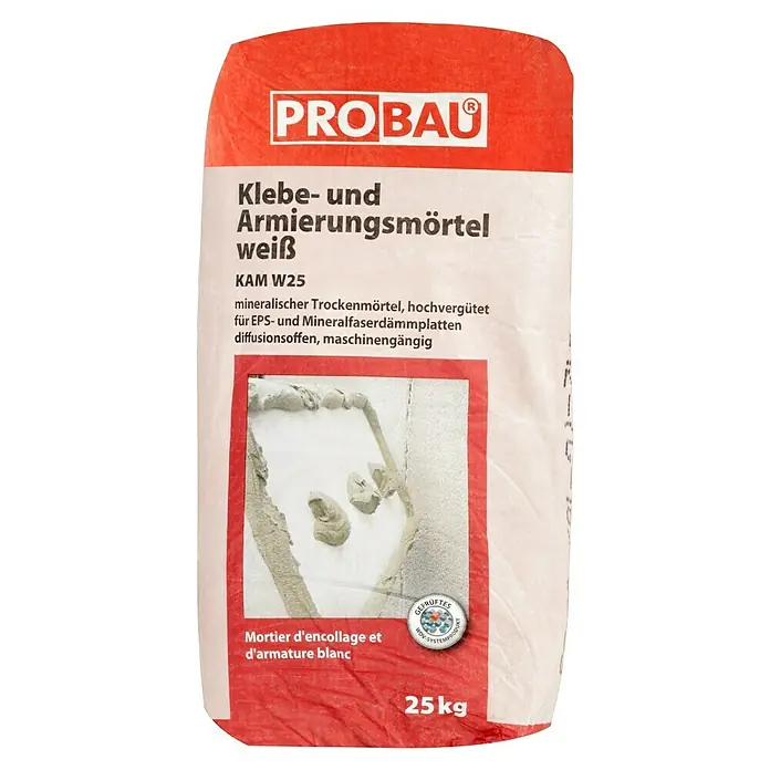 Probau WDVS-Armierungsmörtel - Weiß, 25 kg - Abbildung eines Sackes PROBAU Klebe- und Armierungsmörtel weiß, KAM W25, mit 25kg Inhalt, ein mineralischer Trockenmörtel für Dämmplatten.