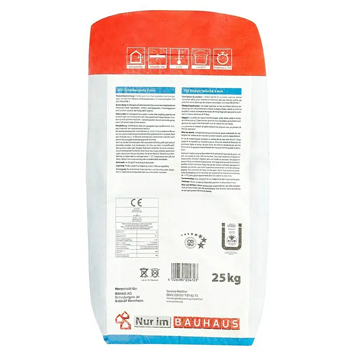 Probau Scheibenputz - Körnung: 2 mm, 25 kg - Abbildung einer 25 kg Packung Scheibenputz 2 mm von BAUHAUS, geeignet für Innen- und Außenbereiche, mit Verarbeitungshinweisen und Herstellerinformationen.