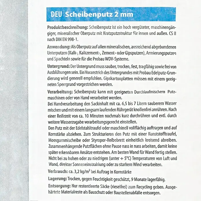 Probau Scheibenputz - Körnung: 2 mm, 25 kg - Produktbeschreibung: DEU Scheibenputz 2 mm ist ein hochwertiger, mineralischer Oberputz mit Kratzputzstruktur für Innen- und Außenbereiche.
