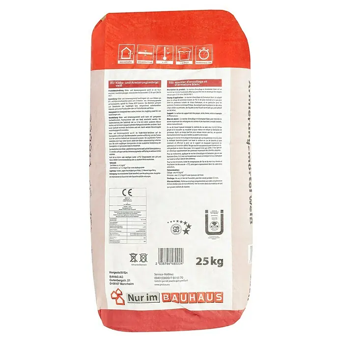 Probau WDVS-Armierungsmörtel - Weiß, 25 kg - Bild einer Sack Klebe- und Armierungsmörtel weiß mit Anweisungen zur Verwendung und Herstellerinformationen, ideal für Bauprojekte.