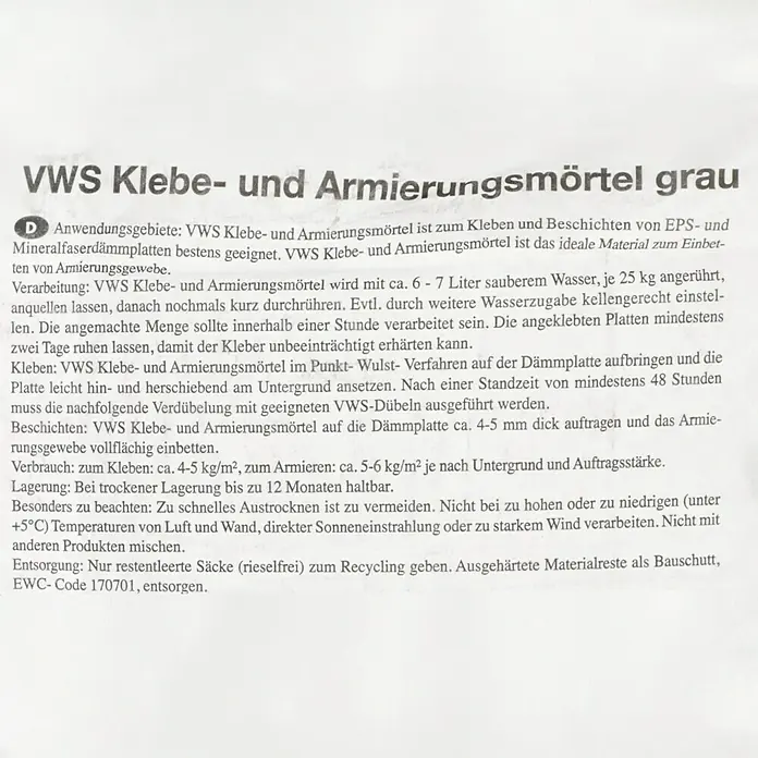 BAUHAUS Klebe- & Armierungsmörtel - 25 kg, Grau - VWS Klebe- und Armierungsmörtel grau: Anwendungsgebiete, Verarbeitung, Verbrauch, Lagerung und Entsorgung des Klebe- und Armierungsmörtels.