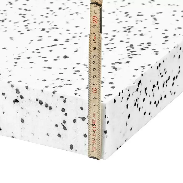 Mehrzweckdämmplatte WI/DI 040 - Stärke: 80 mm, Expandiertes Polystyrol (EPS), Wärmeleitstufe: 040 - Weißer Rebound-Schaumstoffblock mit schwarzen Sprenkeln, von einem Zollstock gemessen, zeigt seine Höhe.
