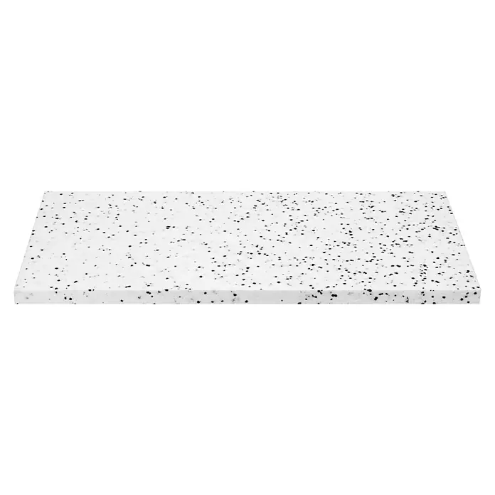 Mehrzweckdämmplatte DEO/WAB 040 - Stärke: 40 mm, Expandiertes Polystyrol (EPS), Wärmeleitstufe: 040 - Nahaufnahme einer Küchenarbeitsplatte aus weißem Quarz mit schwarzen Sprenkeln, die Eleganz und Haltbarkeit vereint.