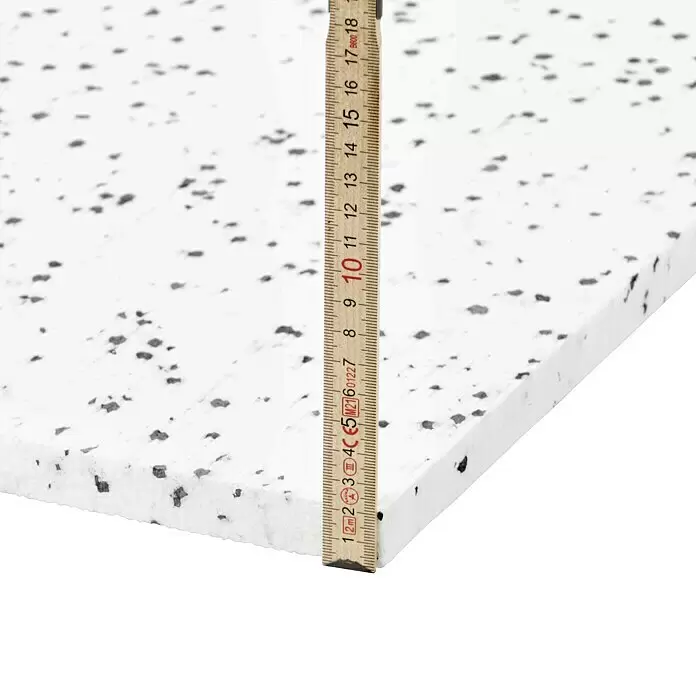 Bachl Mehrzweckdämmplatte DEO/WAB 035 - Stärke: 20 mm, Expandiertes Polystyrol (EPS), Wärmeleitstufe: 035 - Weiße Materialplatte mit dunklen Sprenkeln, 2 cm dick, mit Zollstock gemessen.