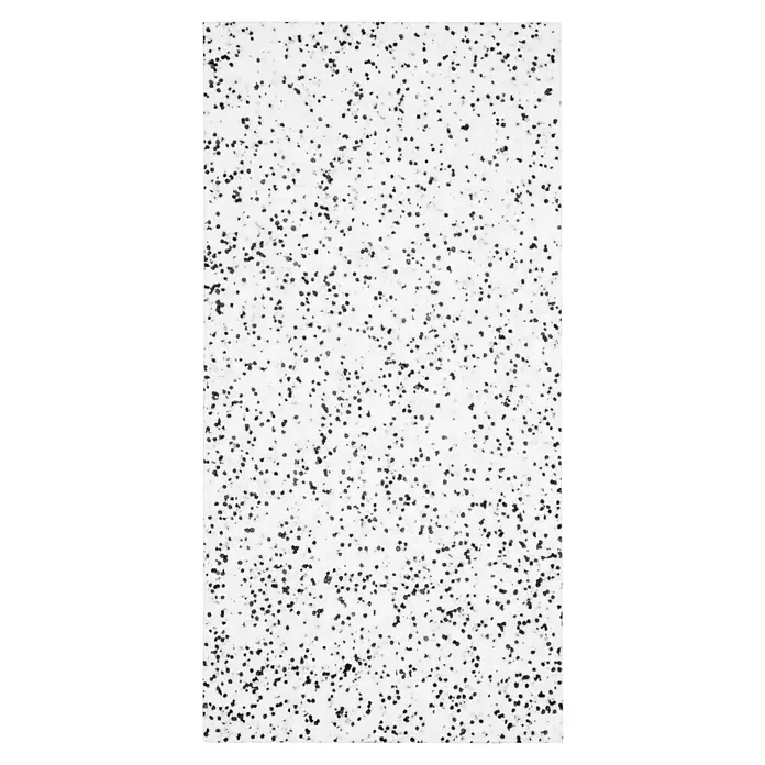 Mehrzweckdämmplatte WI/DI 040 - Stärke: 50 mm, Expandiertes Polystyrol (EPS), Wärmeleitstufe: 040 - Nahaufnahme eines Materials mit einer dichten Verteilung unregelmäßiger schwarzer Punkte auf einem hellen Hintergrund.