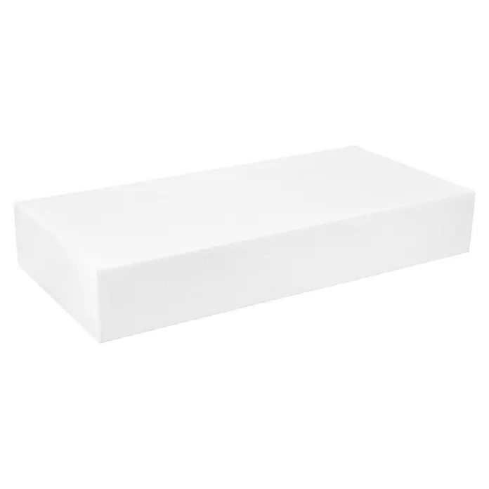 WDVS-Dämmplatte 034 - Stärke: 160 mm, Expandiertes Polystyrol (EPS), 0,033 W/(mK) - Nahaufnahme eines rechteckigen Blocks aus weißem Schaumstoff, ideal für Bastelprojekte und Verpackungen. Die Textur ist feinporig.