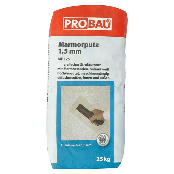 Probau Marmorputz Premium - 25 kg, Körnung: 1,5 mm, Weiß - Sack mit PROBAU Marmorputz 1,5 mm, einem mineralischen Strukturputz für Innen- und Außenbereiche, ideal für brillante Oberflächen.