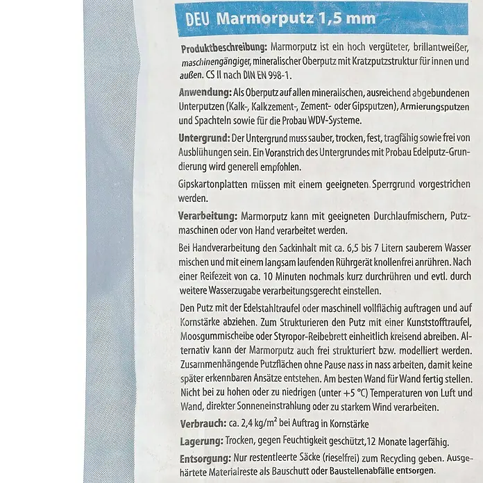 Probau Marmorputz Premium - 25 kg, Körnung: 1,5 mm, Weiß - Informationstext über Marmorputz 1,5 mm, ein hochwertiger, brillantweißer mineralischer Oberputz mit Kratzputzstruktur für Innen- und Außenbereiche.