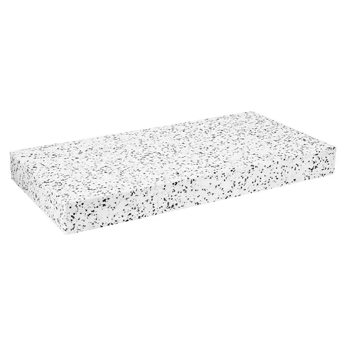 Mehrzweckdämmplatte DEO/WAB 040 - Stärke: 80 mm, Expandiertes Polystyrol (EPS), Wärmeleitstufe: 040 - Detailaufnahme eines rechteckigen, weißen Akustikschaumstoffblocks mit schwarzen Sprenkeln. Ideal zur Schallabsorption und Geräuschreduzierung.