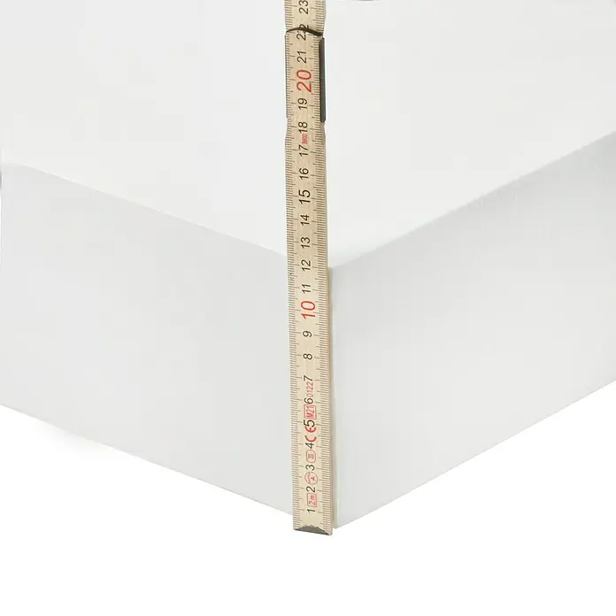 WDVS-Dämmplatte - Stärke: 120 mm, Wärmeleitstufe: 035, Expandiertes Polystyrol (EPS), Weiß - Nahaufnahme eines weißen Objekts mit einem Messstab, der die Höhe misst.