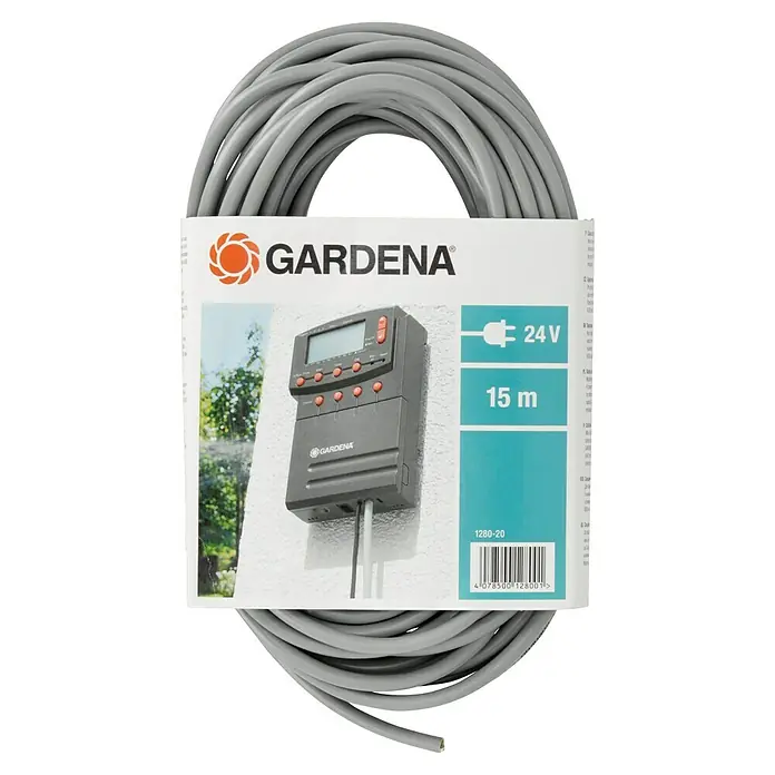 Gardena Sprinklersystem Verbindungskabel 24 V - 15 m - Das Bild zeigt ein 15 m langes GARDENA Kabel, das aufgerollt und mit einer Verpackung versehen ist, die Details wie Spannung und Länge anzeigt.
