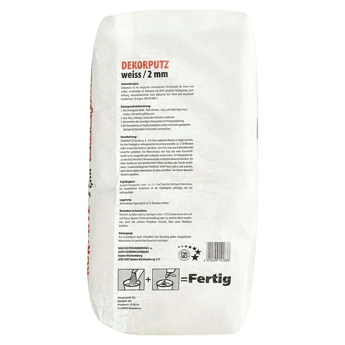 BAUHAUS Dekorputz - 25 kg, Körnung: 2 mm, Weiß - Bild eines Sacks Dekorputz Weiss/2 mm, einem mineralischen Strukturputz für Innen- und Außenbereiche.