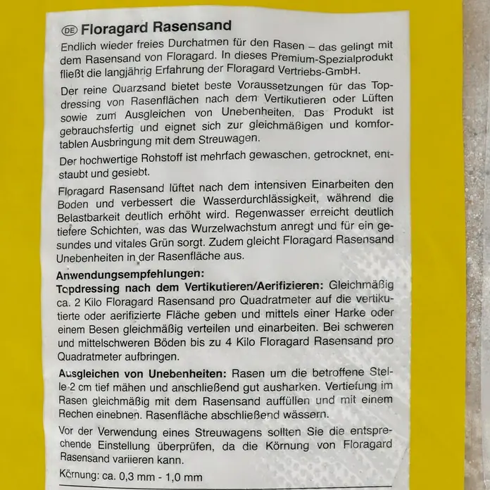 Floragard Rasensand - 15 kg - Floragard Rasensand: Premium-Produkt zur Rasenverbesserung, gleicht Unebenheiten aus und sorgt für gesundes Wachstum.