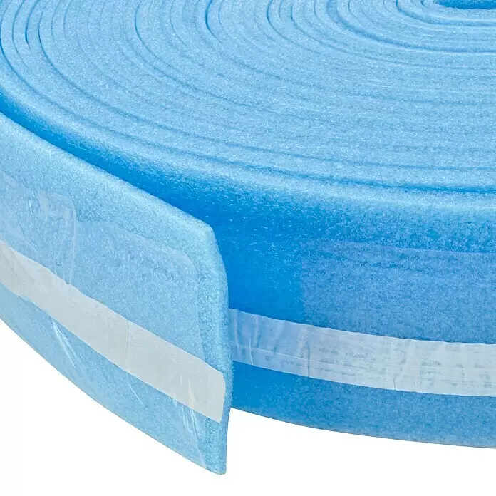 Profi Depot Randdämmstreifen - L x B x H: 50 m x 150 mm x 8 mm, Polyethylen, Selbstklebend - Rolle blauer Schaumstoffdämmung mit weißen Klebestreifen.