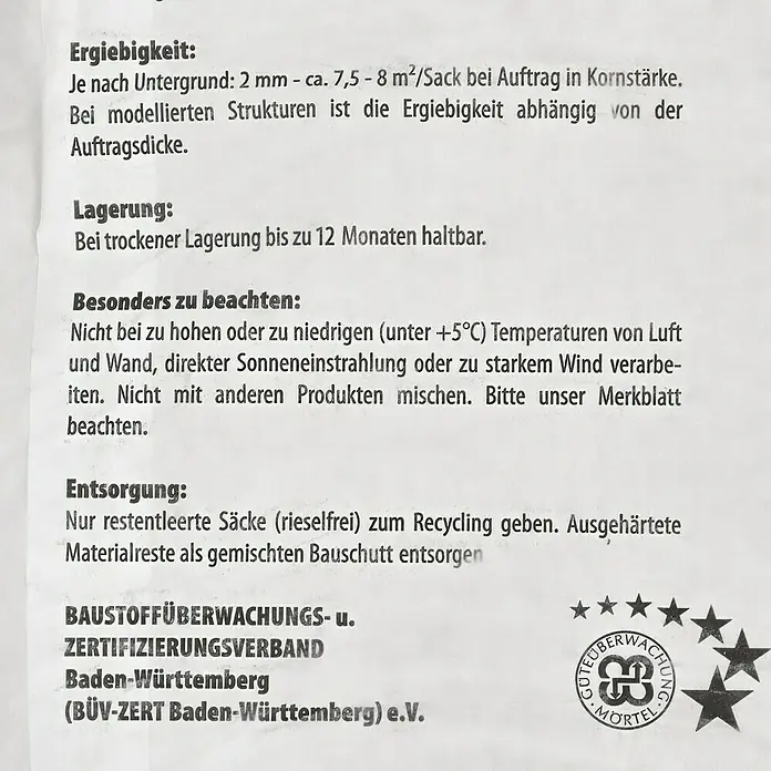 BAUHAUS Dekorputz - 25 kg, Körnung: 2 mm, Weiß - Produktinformationen: Hinweise zur Ergiebigkeit, Lagerung, besondere Beachtung und Entsorgung von Baumaterialien.