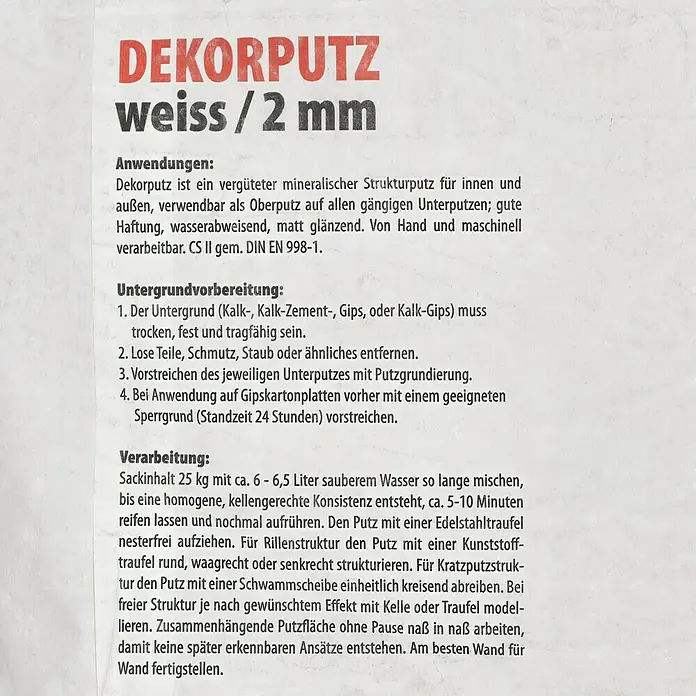 BAUHAUS Dekorputz - 25 kg, Körnung: 2 mm, Weiß - Anleitung für Dekorputz weiß / 2 mm: Anwendung, Untergrundvorbereitung und Verarbeitungshinweise für den Strukturputz.