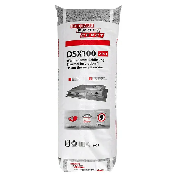 Profi Depot Wärmedämmschüttung DSX 100100 l, Körnung: 2 mm - 4 mm - Sack mit BAUHAUS Profi Depot DSX100 2 in 1 Wärmedämm-Schüttung, einer losen Füllung zur Wärmeisolierung mit 100 Litern Inhalt.