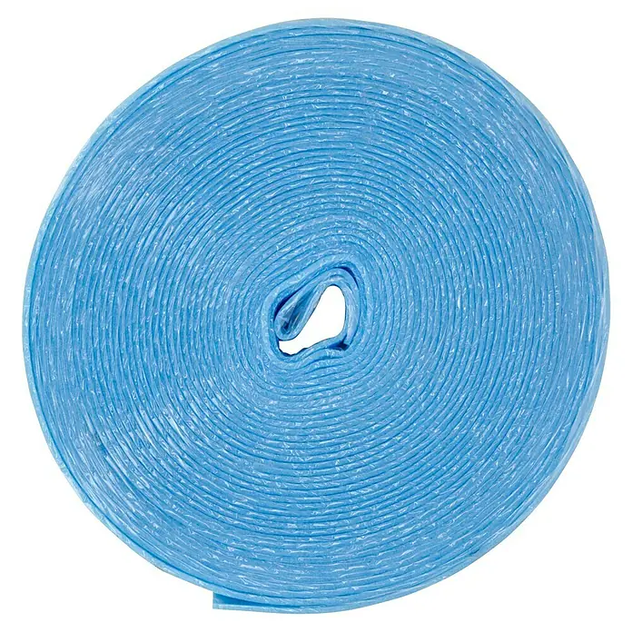 Profi Depot Randdämmstreifen - L x B x H: 50 m x 100 mm x 8 mm, Polyethylen, Selbstklebend - Nahaufnahme einer Rolle hellblauer Plastiktüten, die spiralförmig aufgerollt sind und eine glatte Textur aufweisen.