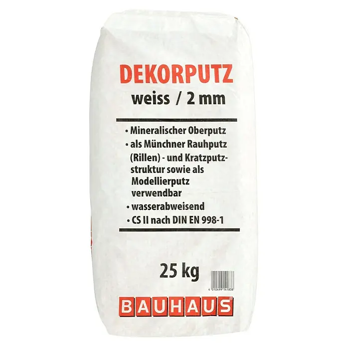 BAUHAUS Dekorputz - 25 kg, Körnung: 2 mm, Weiß - Abbildung eines 25 kg Sackes Dekorputz Weiss/2 mm von Bauhaus, einem mineralischer Oberputz für den Innen- und Aussenbereich.