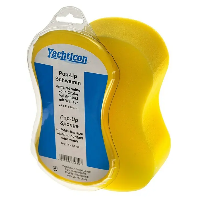 Yachticon Schwamm - 20 x 11 x 6,5 cm - Yachticon Pop-Up Schwamm in gelber Farbe, verpackt, entfaltet seine volle Größe bei Kontakt mit Wasser, ideal für die Reinigung.