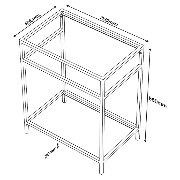 Estructura de metal - L x An x Al: 45,5 x 70 x 85 cm, Negro - Ilustración de una estructura metálica con medidas de 455 mm x 700 mm x 850 mm y una altura libre de 20 mm.