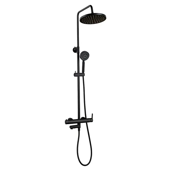 Plato de ducha Adriatic, mampara y sistema de ducha Hera - L x An: 70 x 120 cm, Plato: blanco Mampara y grifería: negro, 3 pzs. - Sistema de ducha negro con rociador de lluvia y ducha de mano para una experiencia relajante.
