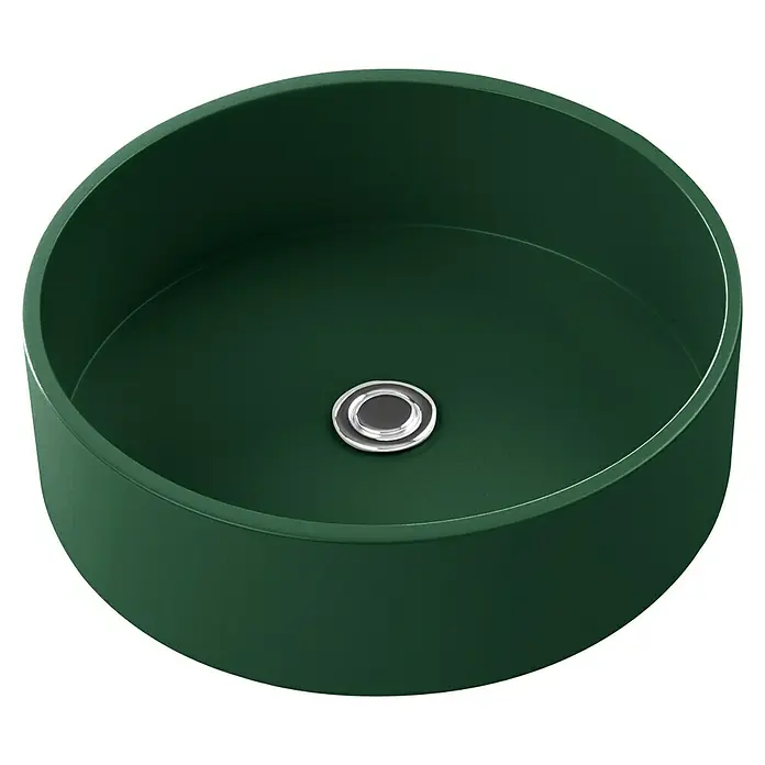 Lavabo de sobremesa Java - 38 x 38 cm, Sin desbordamiento, Verde oliva - Elegante lavabo sobre encimera verde con diseño redondo y grifería cromada brillante. Ideal para baños modernos.