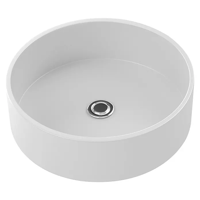 Lavabo de sobremesa Java - 38 x 38 cm, Sin desbordamiento, Blanco - Lavabo sobre encimera redondo y blanco con desagüe plateado con un diseño moderno para cualquier baño.