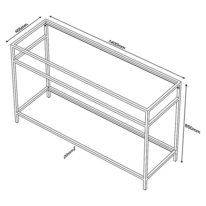 Estructura de metal - L x An x Al: 45,5 x 140 x 85 cm, Negro - Una ilustración isométrica de una mesa consola moderna con líneas limpias y etiquetas de dimensiones precisas.