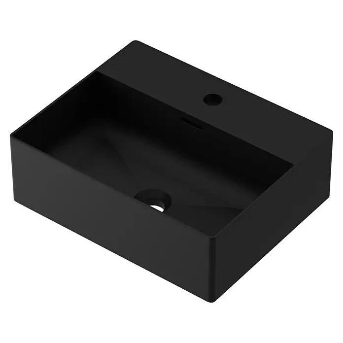 Lavabo Square - 36 x 45 cm, Orificios para grifo: Medio, Con desbordamiento, Negro - Lavabo negro rectangular con orificio para grifo y rebosadero, ideal para baños modernos. Diseño elegante y funcionalidad práctica.