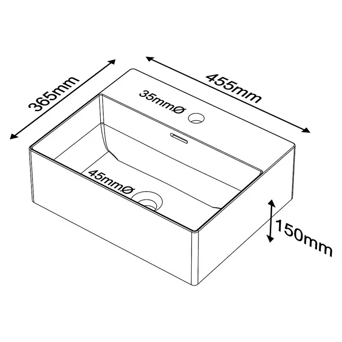 Lavabo Square - 36 x 45 cm, Orificios para grifo: Medio, Con desbordamiento, Antracita - Imagen de una vista superior de un lavabo rectangular con detalles dimensionales de longitud, anchura y altura.