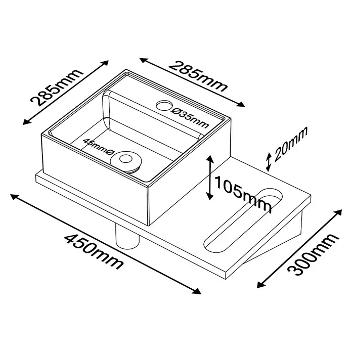 Lavabo pequeño con encimera y sifón Libera Space - An x L: 45 x 30 cm, Negro - Dibujo técnico de un lavabo con dimensiones de 285x285mm, una altura de 105mm y un diámetro de desagüe de 45mm.