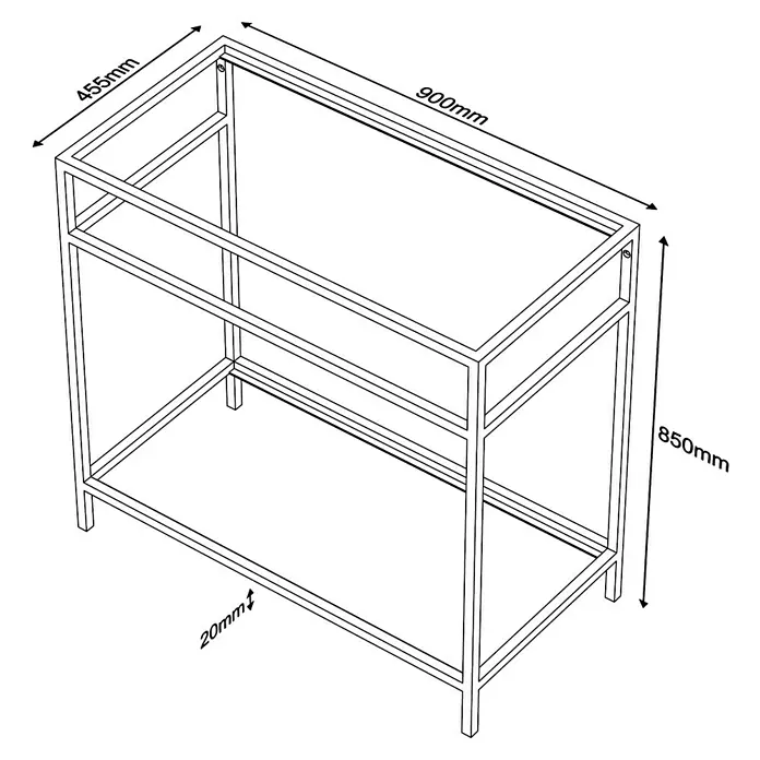 Estructura de metal - L x An x Al: 45,5 x 90 x 85 cm, Negro - Vista del producto de la estantería con dimensiones de 900mm de ancho, 455mm de profundidad y 850mm de altura.