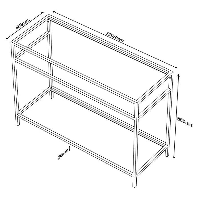 Estructura de metal - L x An x Al: 45,5 x 120 x 85 cm, Negro - Vista en perspectiva de la mesa consola metálica que muestra las dimensiones 1200mm de longitud, 455mm de ancho y 850mm de altura.