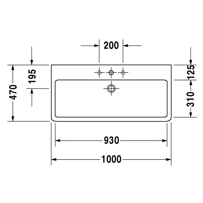 Duravit Vero Waschtisch - 100 x 47 cm, Ohne Spezialglasur, Hahnloch: Mitte, Mit Überlauf, Weiß, Geschliffen - Technische Zeichnung eines Waschtischs mit Maßangaben für Installation und Design.