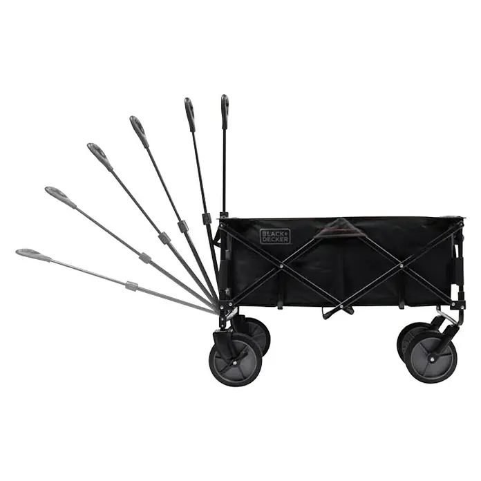 Black+Decker Carretilla de transporte BDCWBK01-XJ - L x An x Al: 79 x 54 x 56 cm, Capacidad de carga: 80 kg, Poliéster - Un carro plegable negro Black+Decker con mango telescópico en varias posiciones, que muestra versatilidad.