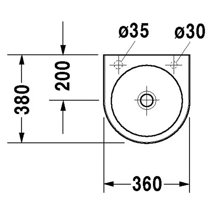 Duravit Architec Waschbecken - 36 x 38 cm, Ohne Spezialglasur, Hahnloch: Ohne, Ohne Überlauf, Weiß - Technische Zeichnung eines Sanitärkeramik-Waschbeckens mit detaillierten Maßangaben.