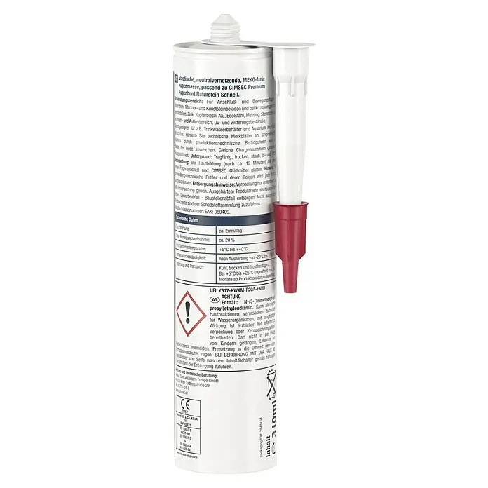 Cimsec Naturstein- & Marmorsilikon Fugenflex Premium MS - Jura Beige, 310 ml, MEKO-freie Basis - Nahaufnahme einer Kartusche CIMSEC Premium Fugenbunt Naturstein Schnell Dichtmasse mit roter Düse.