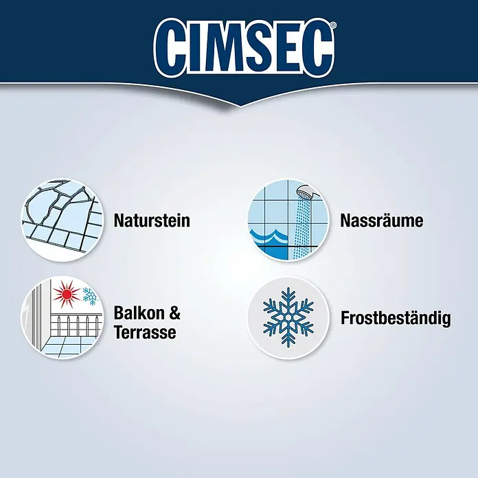 Cimsec Naturstein- & Marmorsilikon Fugenflex Premium MS - Jura Beige, 310 ml, MEKO-freie Basis - CIMSEC-Produktbild mit Anwendungsbereichen wie Naturstein, Nassräume, Balkone & Terrassen und Frostbeständigkeit.