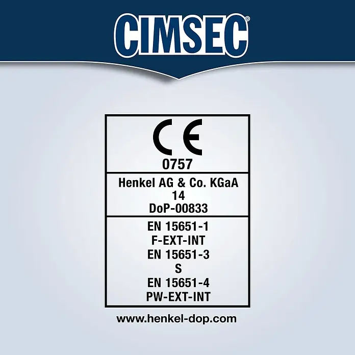 Cimsec Naturstein- & Marmorsilikon Fugenflex Premium MS - Jura Beige, 310 ml, MEKO-freie Basis - Abbildung des CE-Kennzeichens eines CIMSEC-Produkts, das Konformität mit EU-Sicherheitsstandards und Leistungsanforderungen belegt.